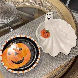 Halloween Ghost Dish and Pumpkin Ceramic Plate Lot